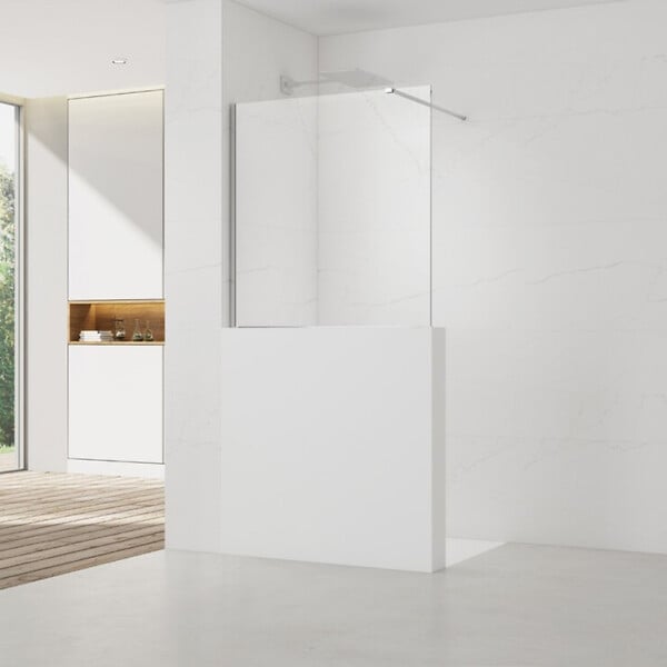 SWISS AQUA TECHNOLOGIES - Pare-muret 120x100cm Paroi en verre Crystal Glass® 8 mm anticalcaire, avec bras et profilés chrome brillant (SATBWIS120PR) - large