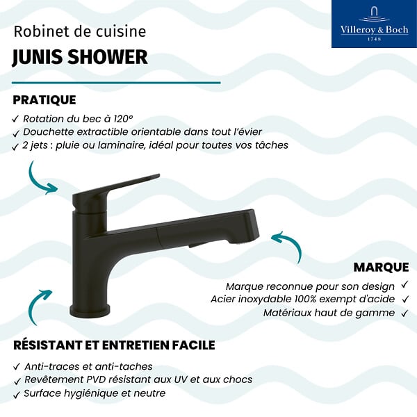 VILLEROY ET BOCH - Robinet de cuisine avec douchette Junis Shower Noir mat - large