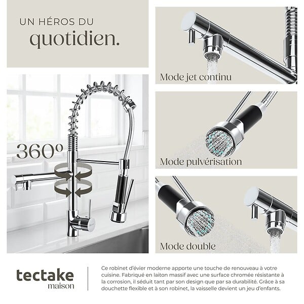 TECTAKE - Robinet de cuisine avec douchette intégrée et bec déporté gris - large