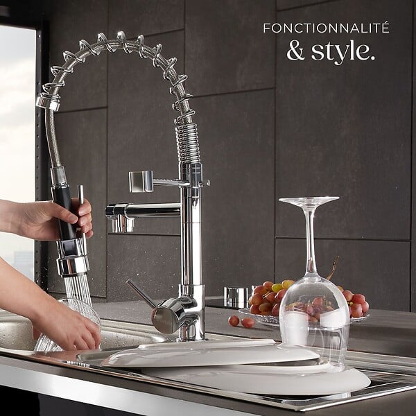 TECTAKE - Robinet de cuisine avec douchette intégrée et bec déporté gris - large