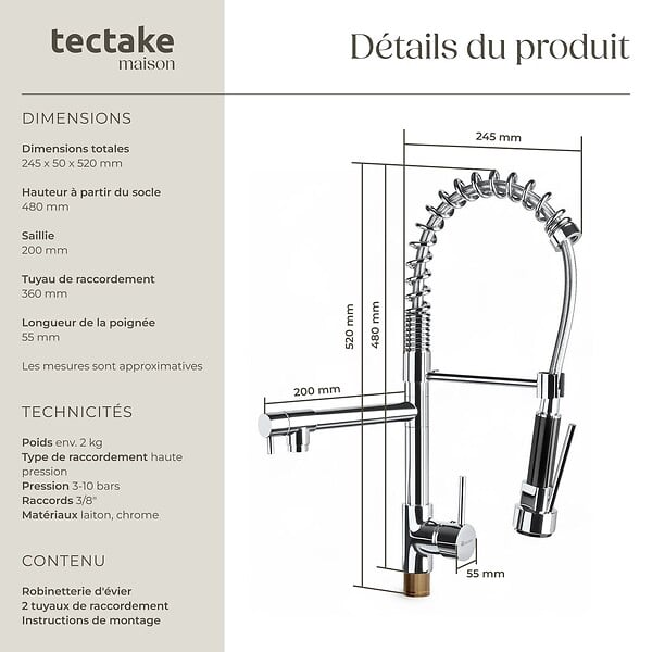 TECTAKE - Robinet de cuisine avec douchette intégrée et bec déporté gris - large