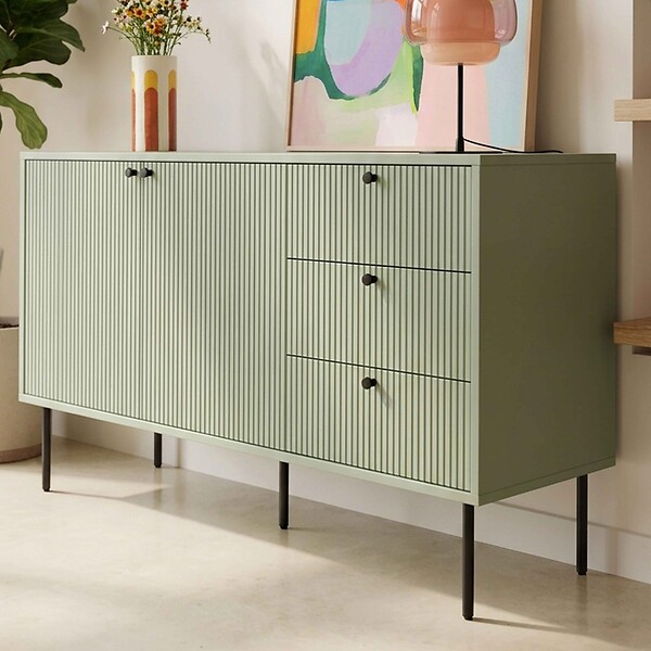 OVIALA - Buffet 2 portes et 3 tiroirs décor mélaminé 150 cm vert sauge - Romeo - large