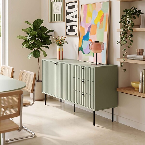 OVIALA - Buffet 2 portes et 3 tiroirs décor mélaminé 150 cm vert sauge - Romeo - large