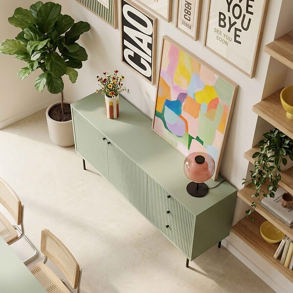 OVIALA - Buffet 2 portes et 3 tiroirs décor mélaminé 150 cm vert sauge - Romeo - large