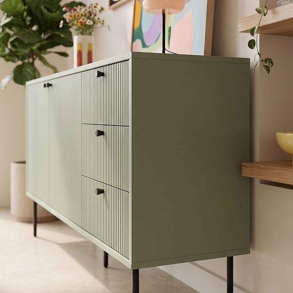 OVIALA - Buffet 2 portes et 3 tiroirs décor mélaminé 150 cm vert sauge - Romeo - large