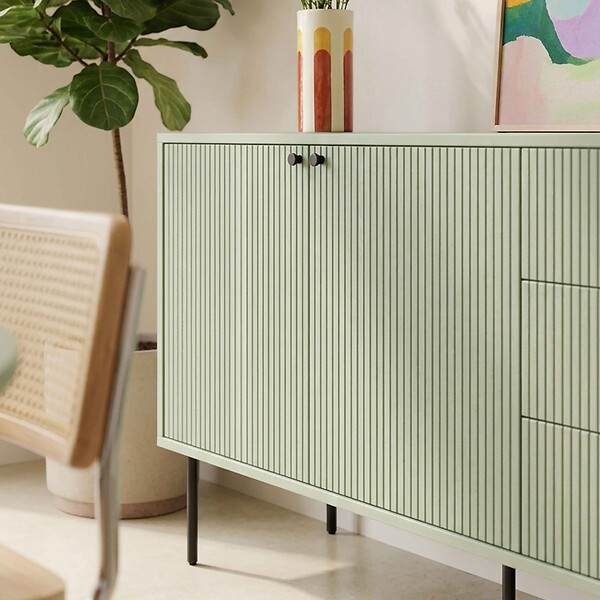 OVIALA - Buffet 2 portes et 3 tiroirs décor mélaminé 150 cm vert sauge - Romeo - large