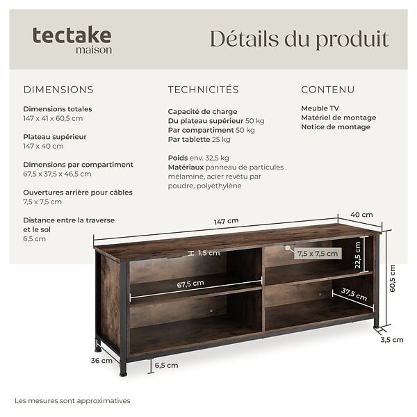 TECTAKE - Étagère pour téléviseur Navan 147x41x60,5cm Bois foncé industriel, rustique - large
