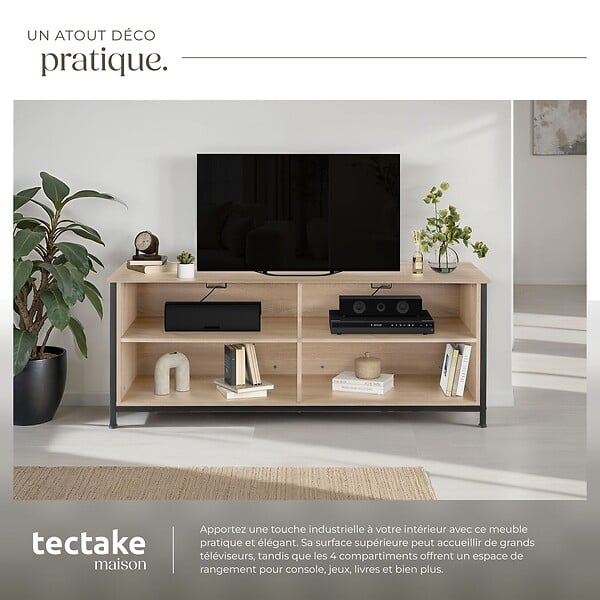 TECTAKE - Étagère pour téléviseur Navan 147x41x60,5cm Bois clair industriel, Chêne Sonoma - large