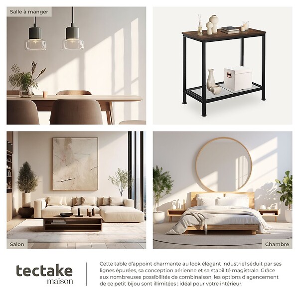 TECTAKE - Table d’appoint FILTON 60x30,5x60,5cm Bois foncé industriel, rustique - large