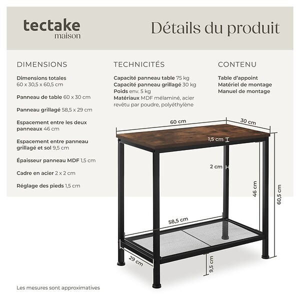 TECTAKE - Table d’appoint FILTON 60x30,5x60,5cm Bois foncé industriel, rustique - large