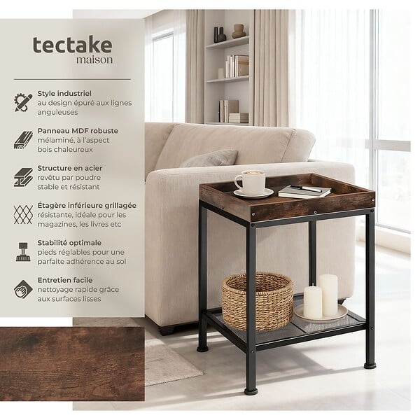 TECTAKE - Table d’appoint ROCHESTER 41,5x41x56cm Bois foncé industriel, rustique - large