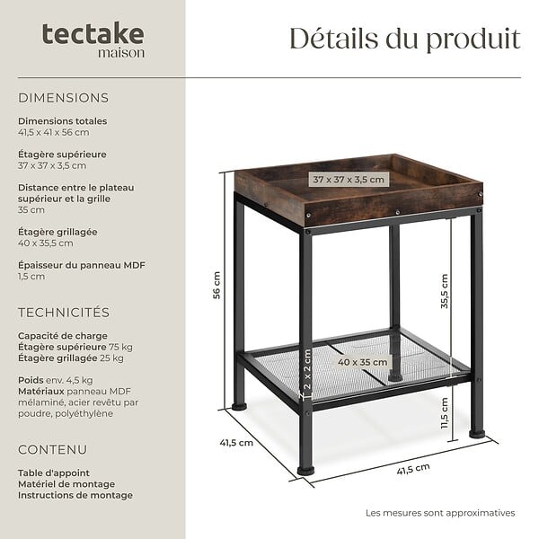 TECTAKE - Table d’appoint ROCHESTER 41,5x41x56cm Bois foncé industriel, rustique - large