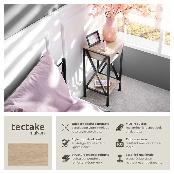 TECTAKE - Table d'appoint Dayton 35x35x70,5cm Bois clair industriel, Chêne Sonoma - large