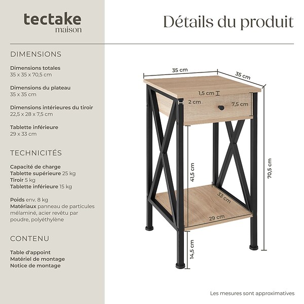 TECTAKE - Table d'appoint Dayton 35x35x70,5cm Bois clair industriel, Chêne Sonoma - large