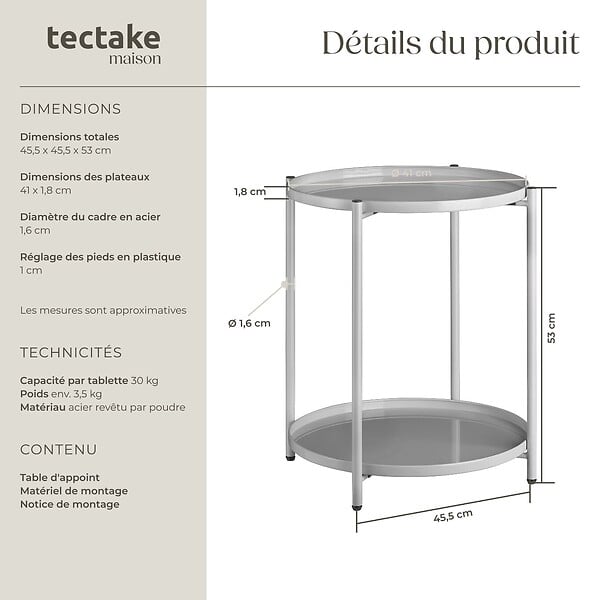 TECTAKE - Table d’appoint OXFORD gris - large