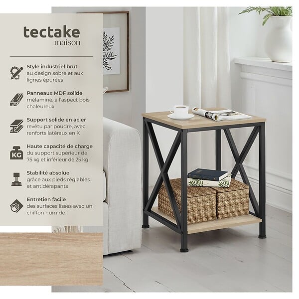 TECTAKE - Table d’appoint CARLTON 40,5x40,5x52,5cm Bois clair industriel, Chêne Sonoma - large