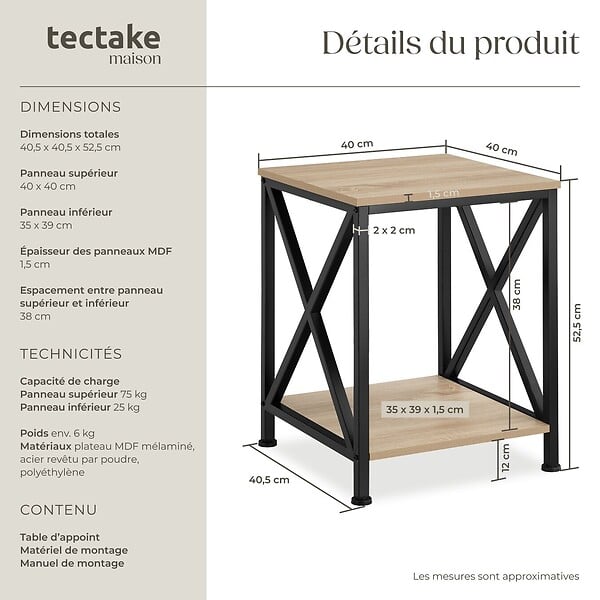 TECTAKE - Table d’appoint CARLTON 40,5x40,5x52,5cm Bois clair industriel, Chêne Sonoma - large