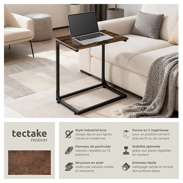 TECTAKE - Table d’appoint Ruston 55x35x66,5cm Bois foncé industriel, rustique - large