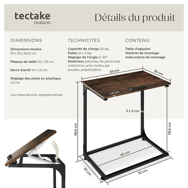 TECTAKE - Table d’appoint Ruston 55x35x66,5cm Bois foncé industriel, rustique - large