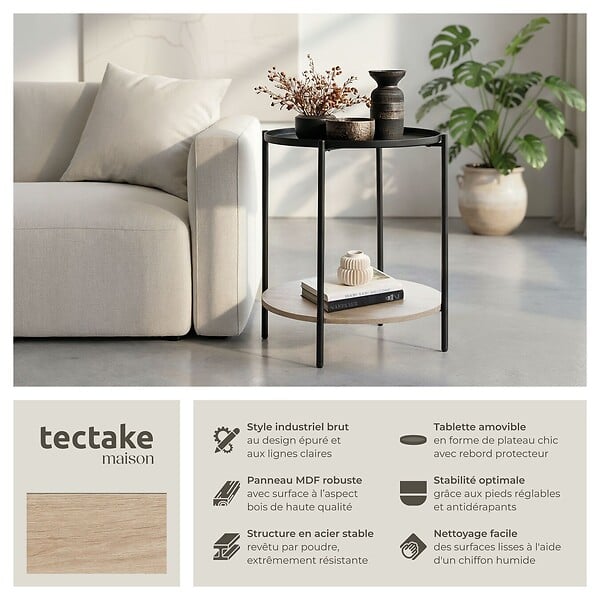 TECTAKE - Table d’appoint SUNDERLAND 45,5x54,5cm Bois clair industriel, Chêne Sonoma - large
