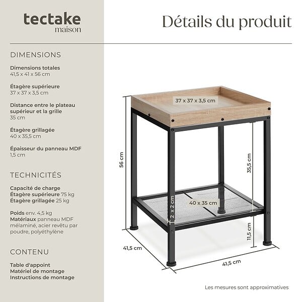 TECTAKE - Table d’appoint ROCHESTER 41,5x41x56cm Bois clair industriel, Chêne Sonoma - large