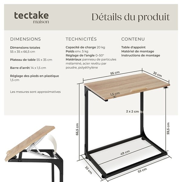 TECTAKE - Table d’appoint Ruston 55x35x66,5cm Bois clair industriel, Chêne Sonoma - large