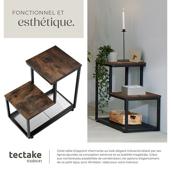 TECTAKE - Table d’appoint HALIFAX 60,5x35,5x60,5cm Bois foncé industriel, rustique - large