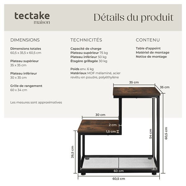 TECTAKE - Table d’appoint HALIFAX 60,5x35,5x60,5cm Bois foncé industriel, rustique - large