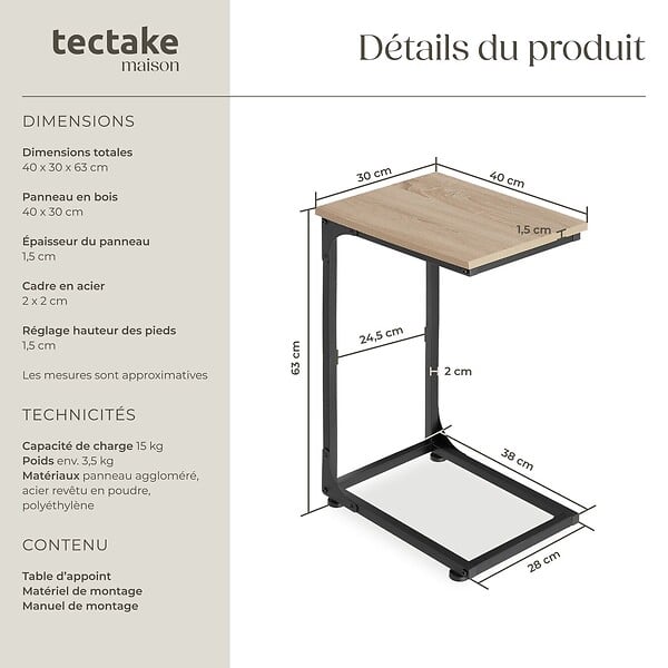 TECTAKE - Table d’appoint Erie 40x30x63cm Bois clair industriel, Chêne Sonoma - large