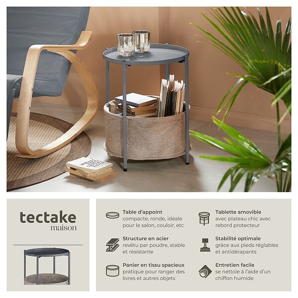TECTAKE - Table d’appoint CANTERBURY 45,5x45,5x53cm gris foncé - large