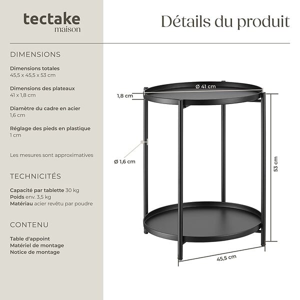 TECTAKE - Table d’appoint OXFORD noir - large