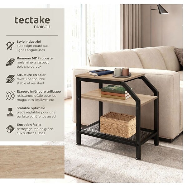 TECTAKE - Table d’appoint PLYMOUTH 36,5x58,5x59,5cm Bois clair industriel, Chêne Sonoma - large