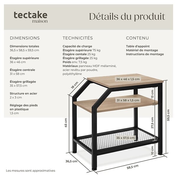 TECTAKE - Table d’appoint PLYMOUTH 36,5x58,5x59,5cm Bois clair industriel, Chêne Sonoma - large
