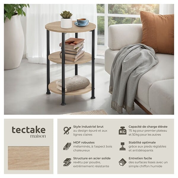 TECTAKE - Table d’appoint COLCHESTER 40x61cm Bois clair industriel, Chêne Sonoma - large
