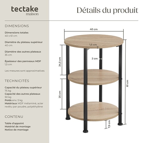 TECTAKE - Table d’appoint COLCHESTER 40x61cm Bois clair industriel, Chêne Sonoma - large