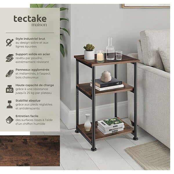 TECTAKE - Table d’appoint Memphis 34x30x59cm Bois foncé industriel, rustique - large