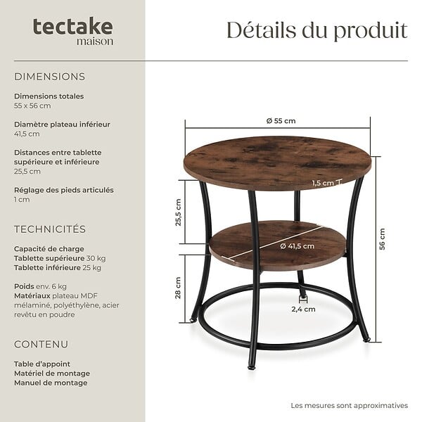 TECTAKE - Table d’appoint Saint Louis 55x56cm Bois foncé industriel, rustique - large