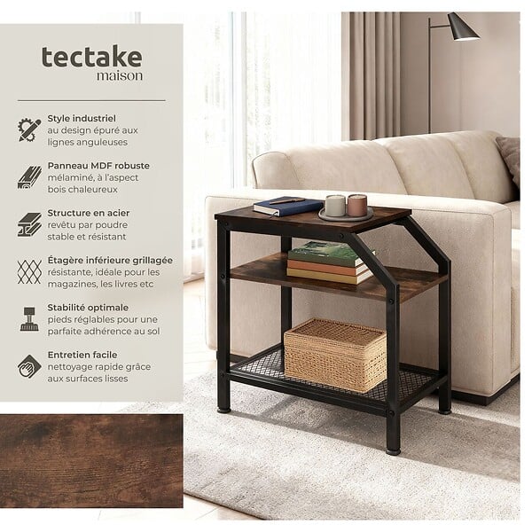 TECTAKE - Table d’appoint PLYMOUTH 36,5x58,5x59,5cm Bois foncé industriel, rustique - large