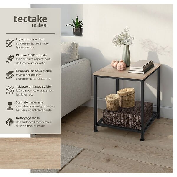 TECTAKE - Table d’appoint DERBY 45,5x45,5x55,5cm Bois clair industriel, Chêne Sonoma - large