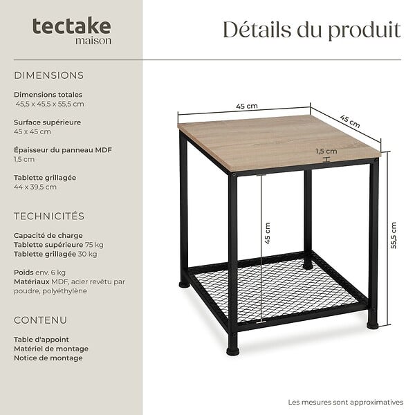TECTAKE - Table d’appoint DERBY 45,5x45,5x55,5cm Bois clair industriel, Chêne Sonoma - large
