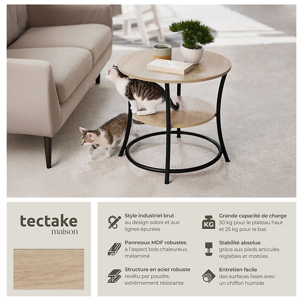 TECTAKE - Table d’appoint Saint Louis 55x56cm Bois clair industriel, Chêne Sonoma - large