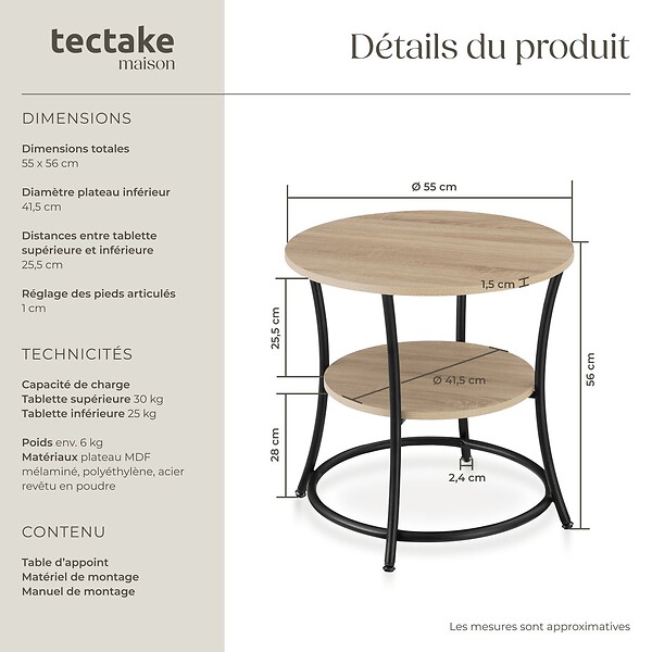 TECTAKE - Table d’appoint Saint Louis 55x56cm Bois clair industriel, Chêne Sonoma - large