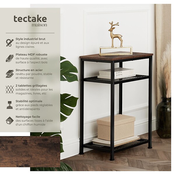 TECTAKE - Table d’appoint YORK 45,5x36x75,5cm Bois foncé industriel, rustique - large
