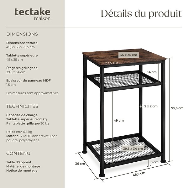 TECTAKE - Table d’appoint YORK 45,5x36x75,5cm Bois foncé industriel, rustique - large