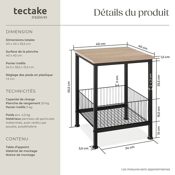 TECTAKE - Table d’appoint Grimsby 40x40x55,5cm Bois clair industriel, Chêne Sonoma - large