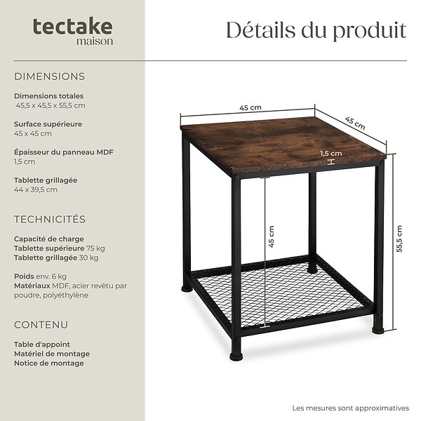 TECTAKE - Table d’appoint DERBY 45,5x45,5x55,5cm Bois foncé industriel, rustique - large