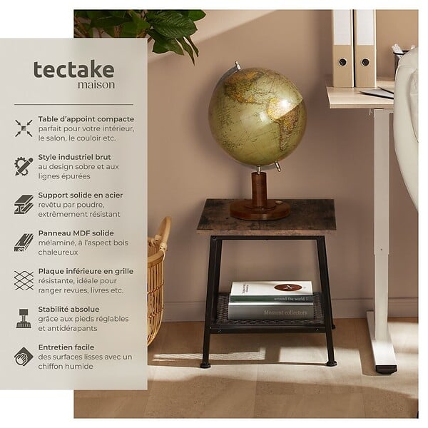 TECTAKE - Table d’appoint BEDFORD  45,5x45x47cm Bois foncé industriel, rustique - large