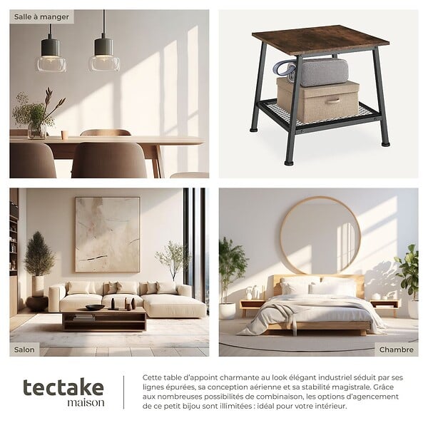 TECTAKE - Table d’appoint BEDFORD  45,5x45x47cm Bois foncé industriel, rustique - large