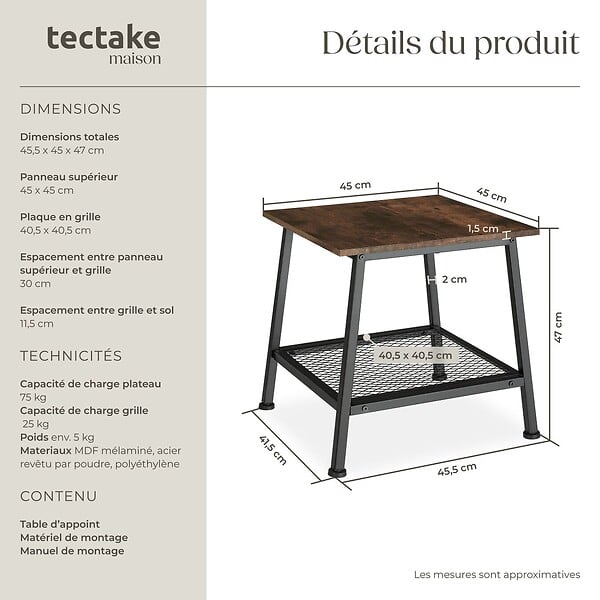 TECTAKE - Table d’appoint BEDFORD  45,5x45x47cm Bois foncé industriel, rustique - large