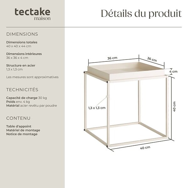 TECTAKE - Table d'appoint CAMBRIDGE 40x40x44cm crème - large